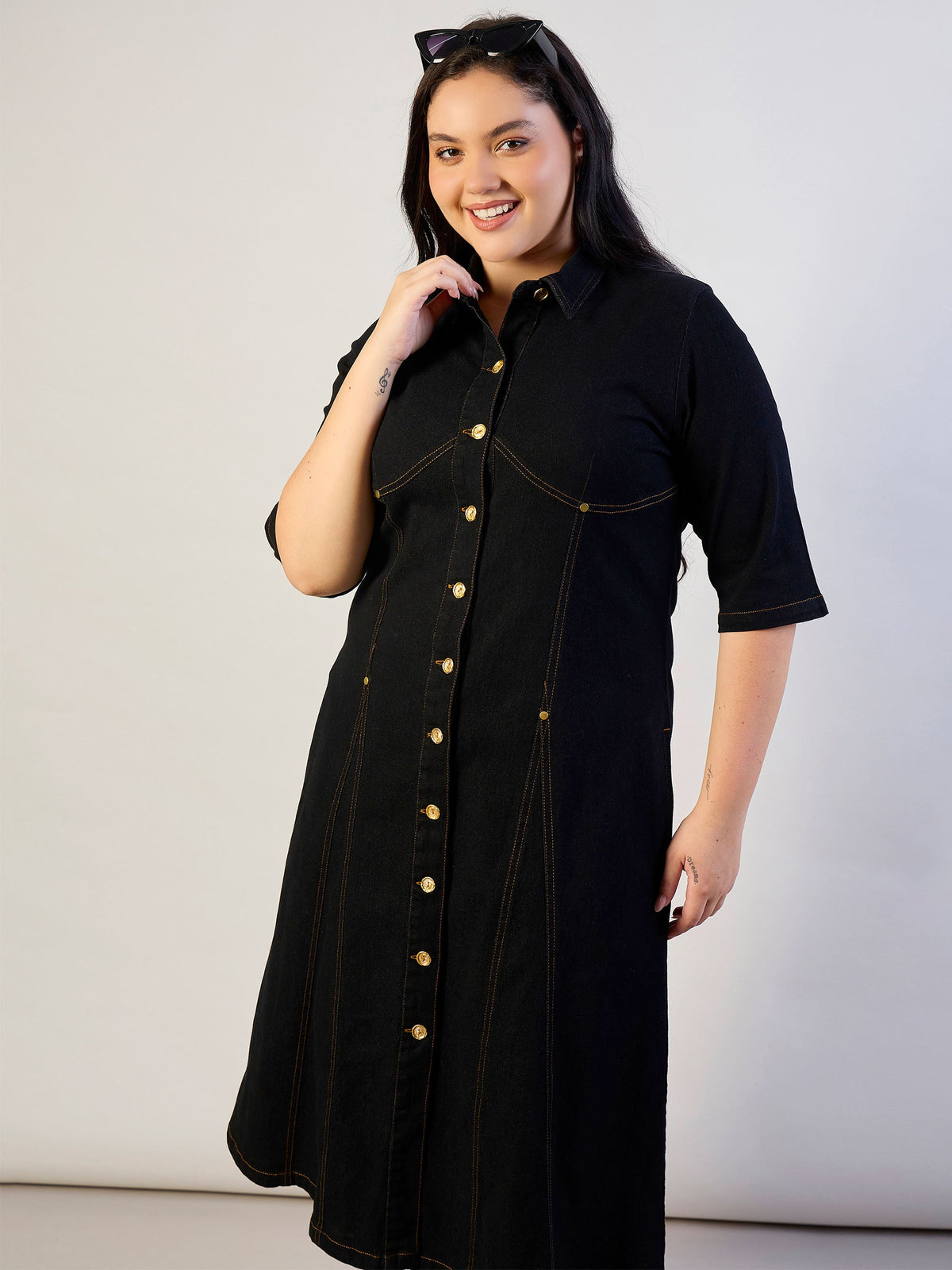 Jet Black Denim Button Down Midi Dress-SASSAFRAS CURVE