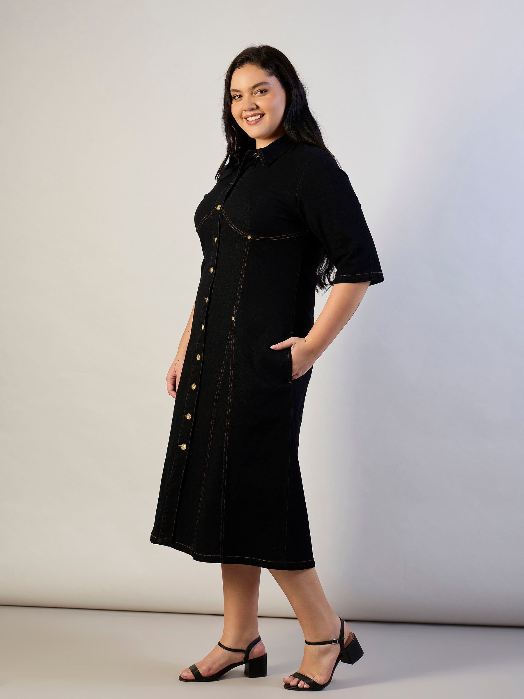 Jet Black Denim Button Down Midi Dress-SASSAFRAS CURVE