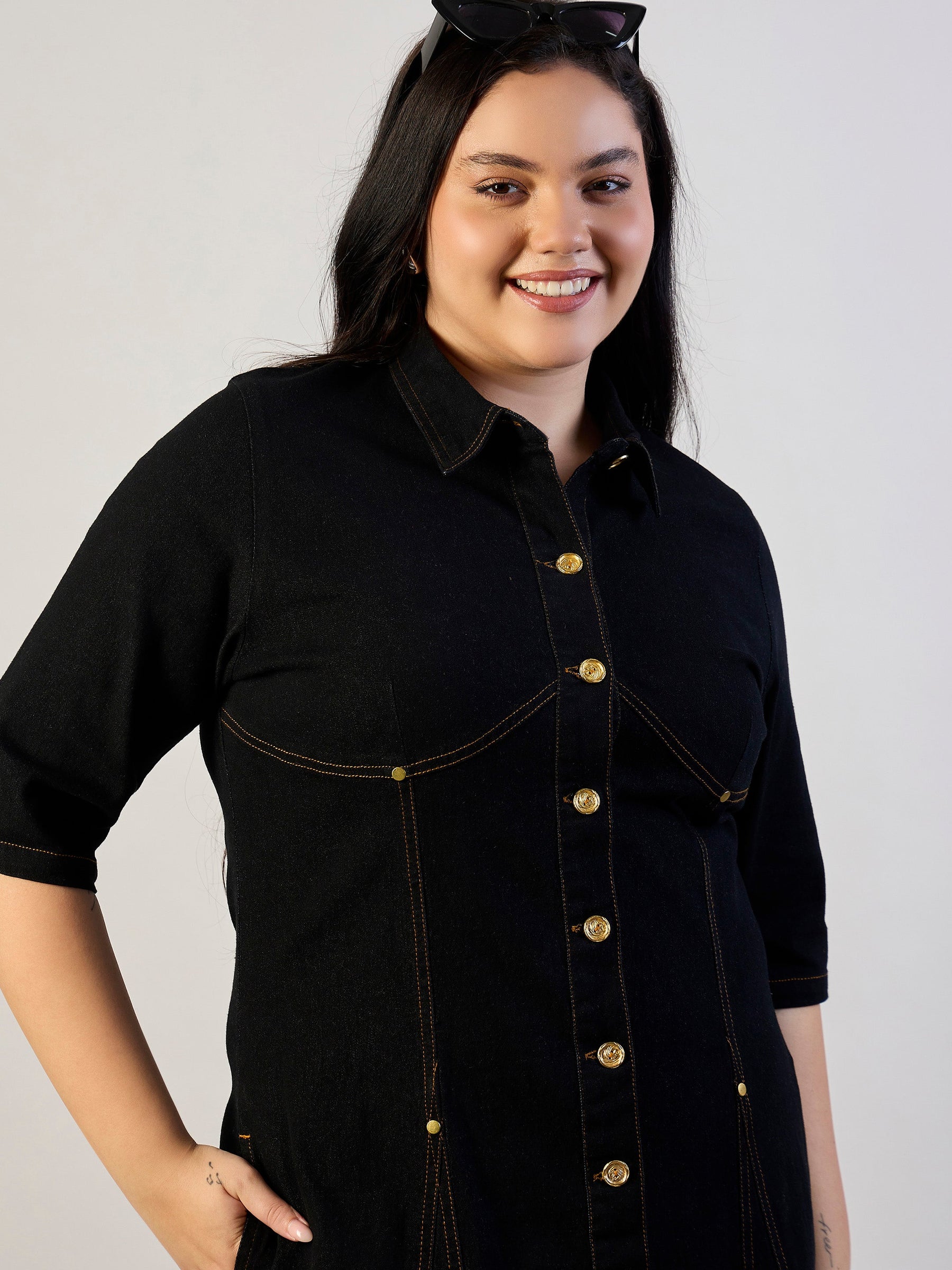 Jet Black Denim Button Down Midi Dress-SASSAFRAS CURVE