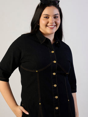 Jet Black Denim Button Down Midi Dress-SASSAFRAS CURVE