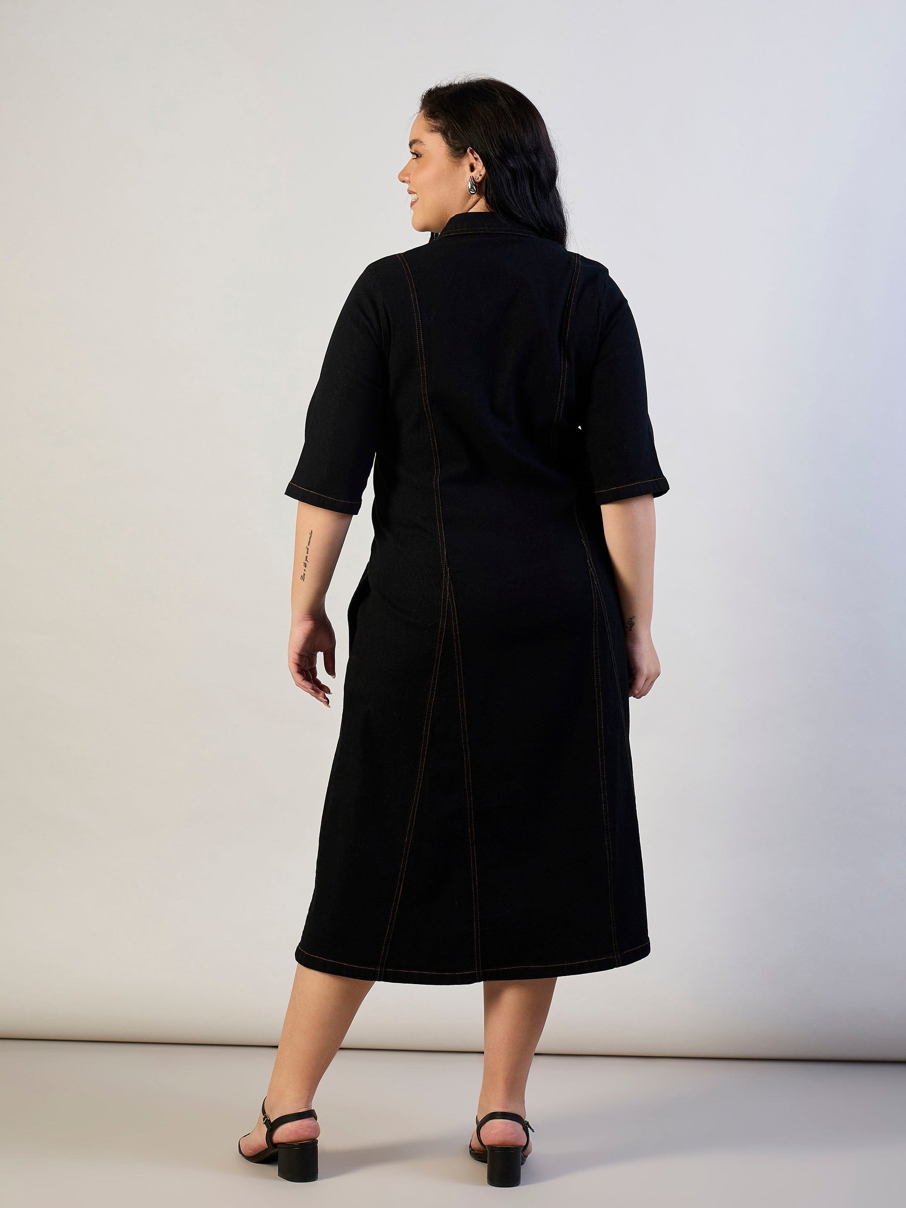 Jet Black Denim Button Down Midi Dress-SASSAFRAS CURVE