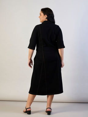 Jet Black Denim Button Down Midi Dress-SASSAFRAS CURVE
