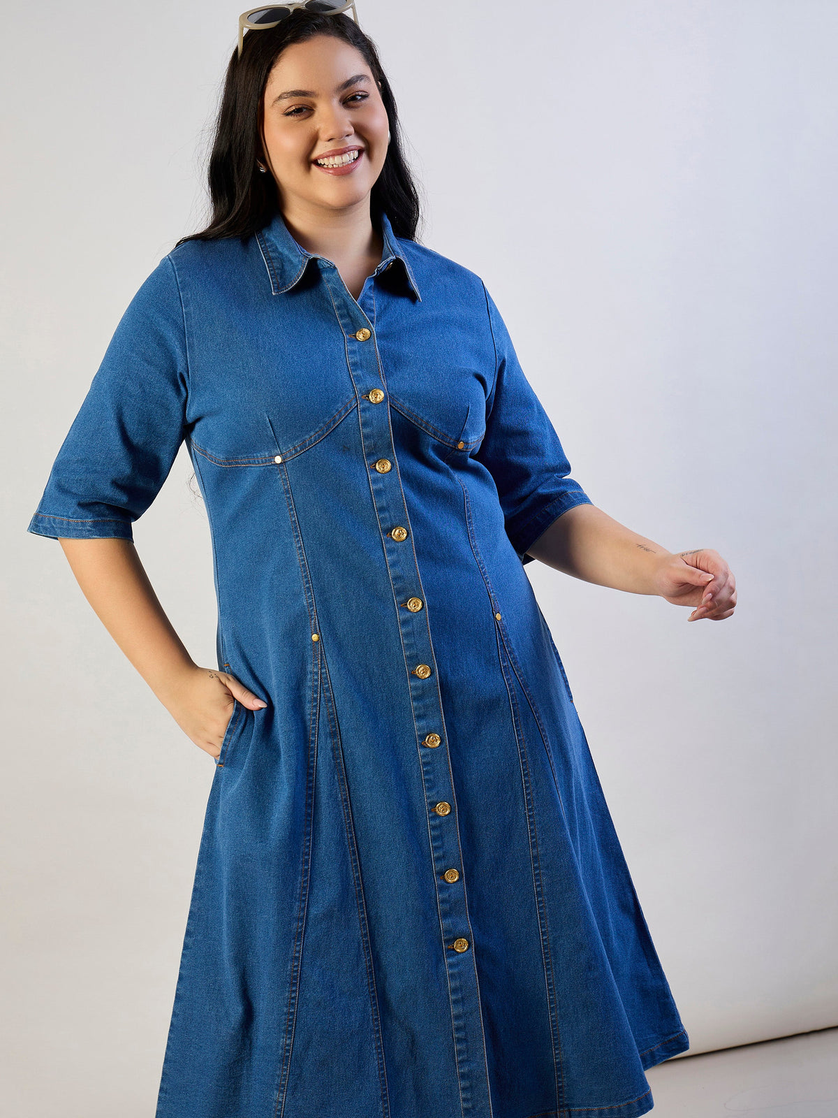 Blue Blast Denim Button Down Midi Dress-SASSAFRAS CURVE