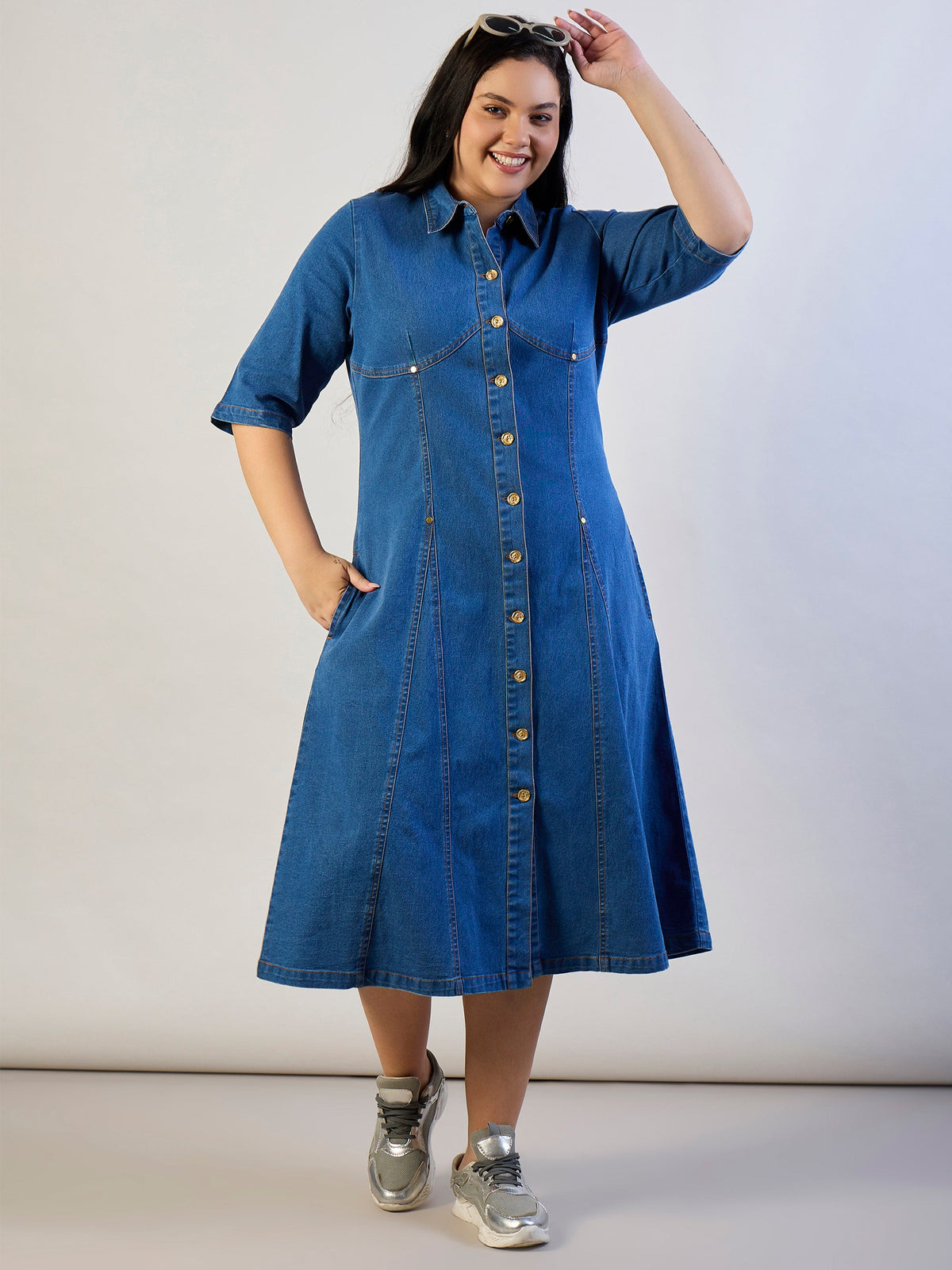 Blue Blast Denim Button Down Midi Dress-SASSAFRAS CURVE