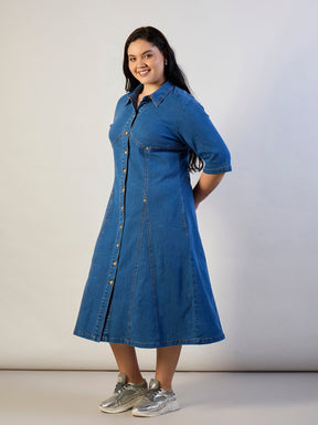 Blue Blast Denim Button Down Midi Dress-SASSAFRAS CURVE