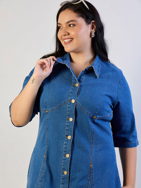 Blue Blast Denim Button Down Midi Dress-SASSAFRAS CURVE