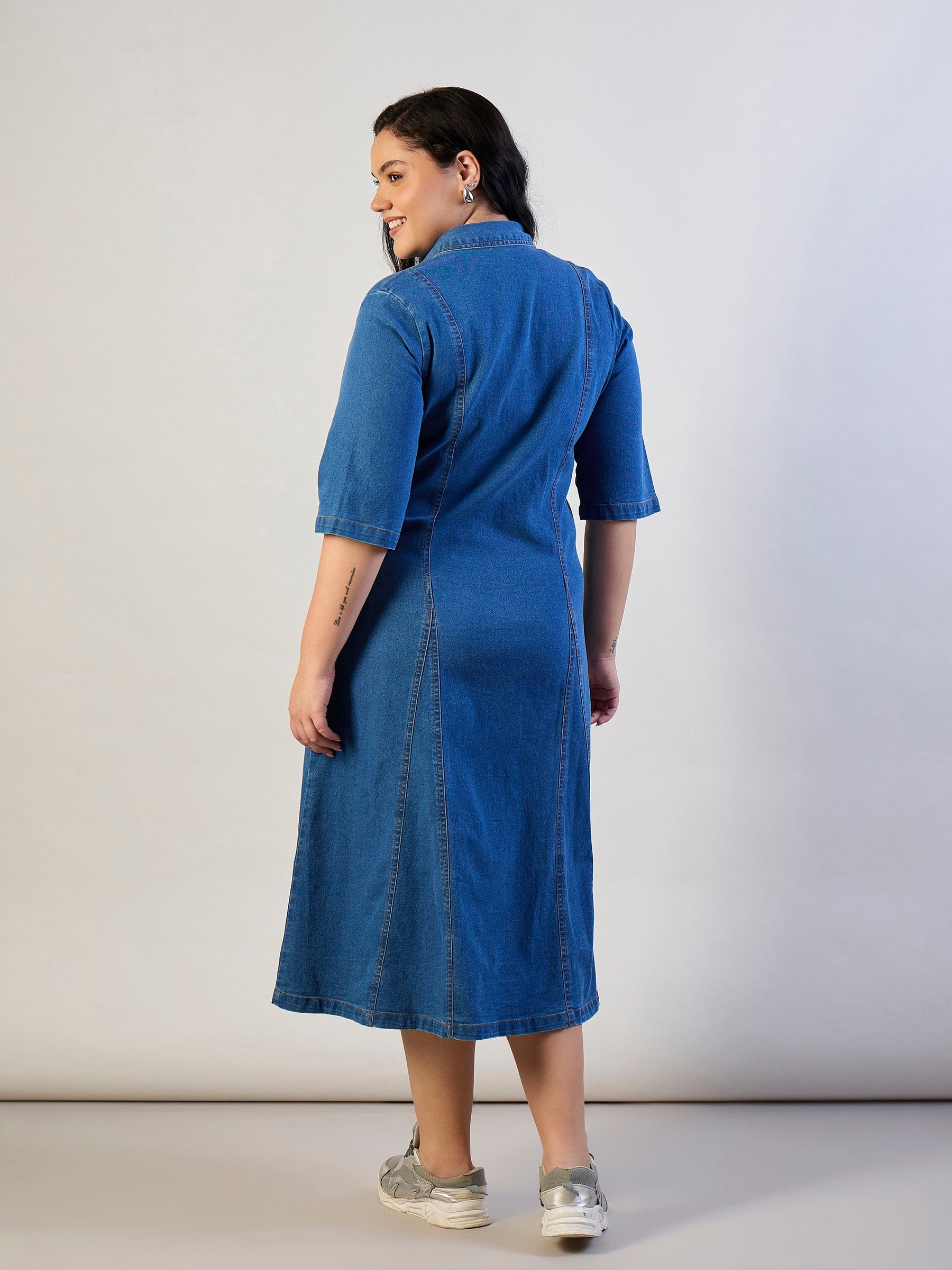 Blue Blast Denim Button Down Midi Dress-SASSAFRAS CURVE