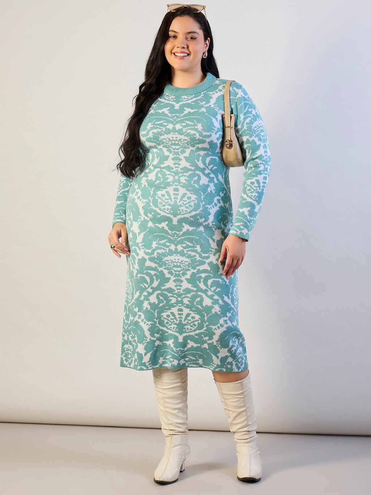 Blue Printed Acrylic Wool High Neck Midi Dress-SASSAFRAS CURVE