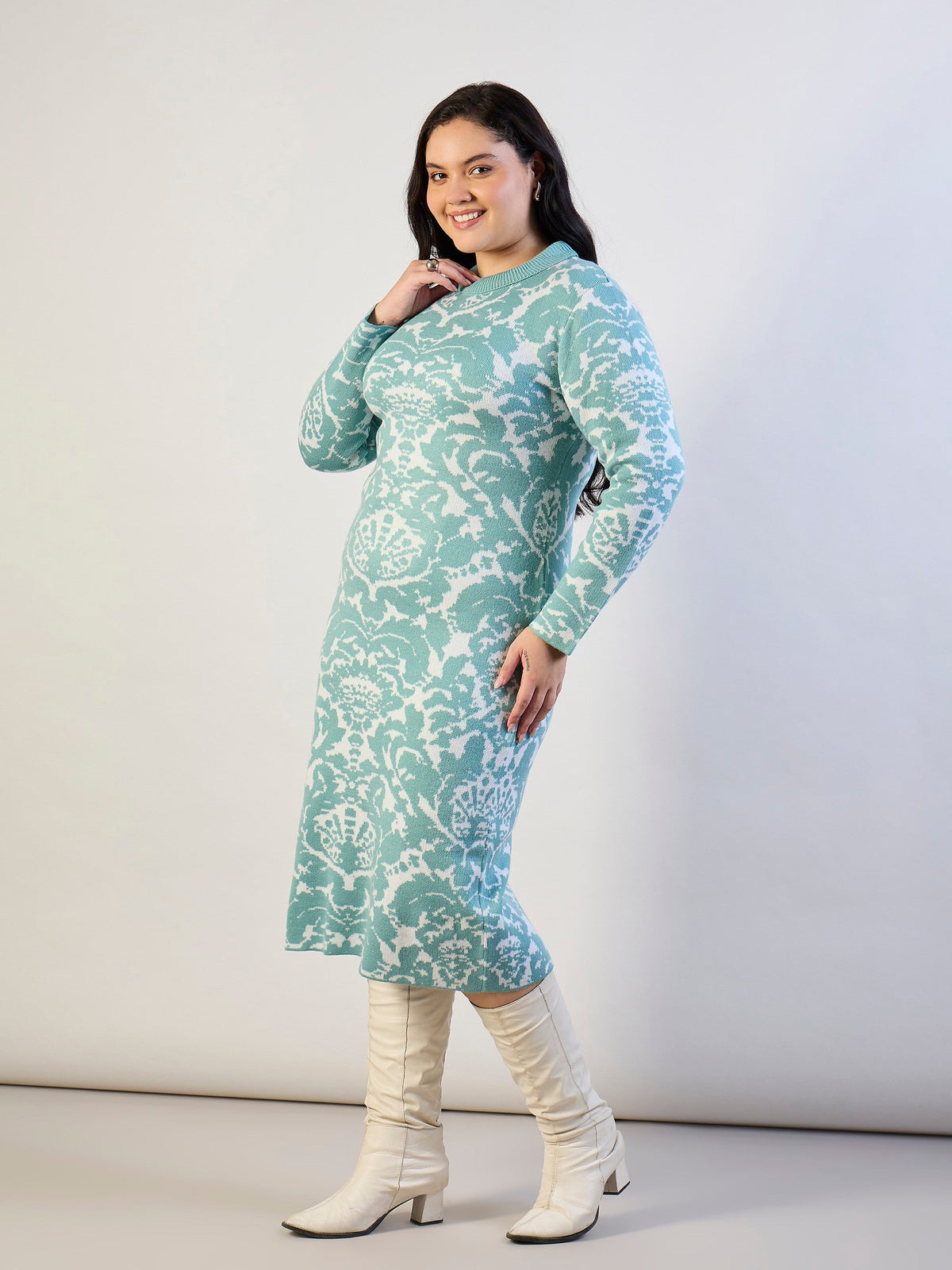 Blue Printed Acrylic Wool High Neck Midi Dress-SASSAFRAS CURVE