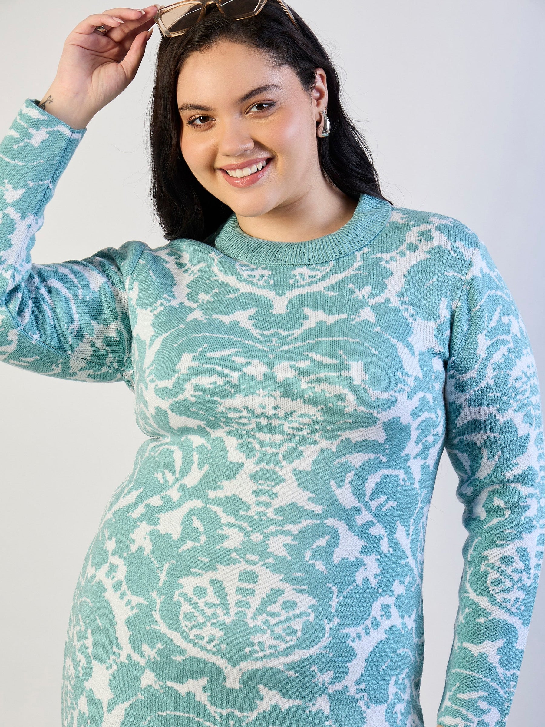 Blue Printed Acrylic Wool High Neck Midi Dress-SASSAFRAS CURVE