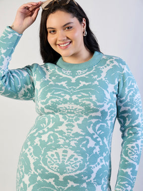 Blue Printed Acrylic Wool High Neck Midi Dress-SASSAFRAS CURVE
