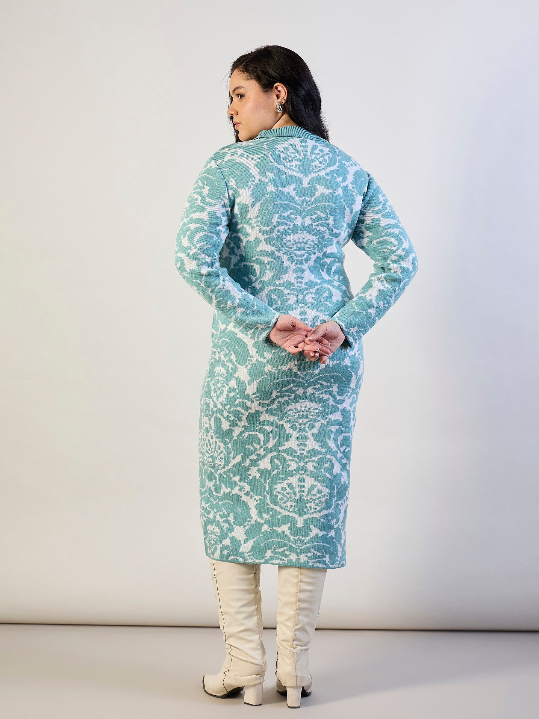 Blue Printed Acrylic Wool High Neck Midi Dress-SASSAFRAS CURVE