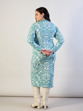 Blue Printed Acrylic Wool High Neck Midi Dress-SASSAFRAS CURVE