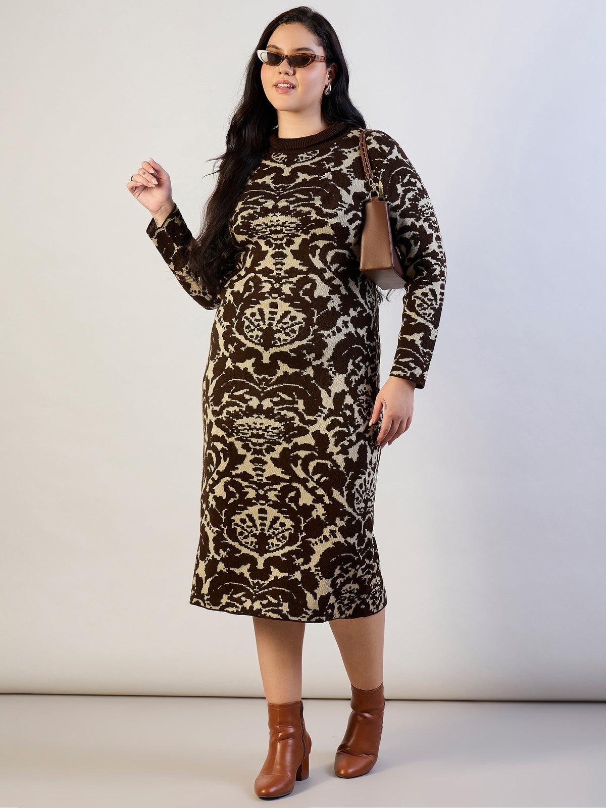 Brown Printed Acrylic Wool High Neck Midi Dress-SASSAFRAS CURVE