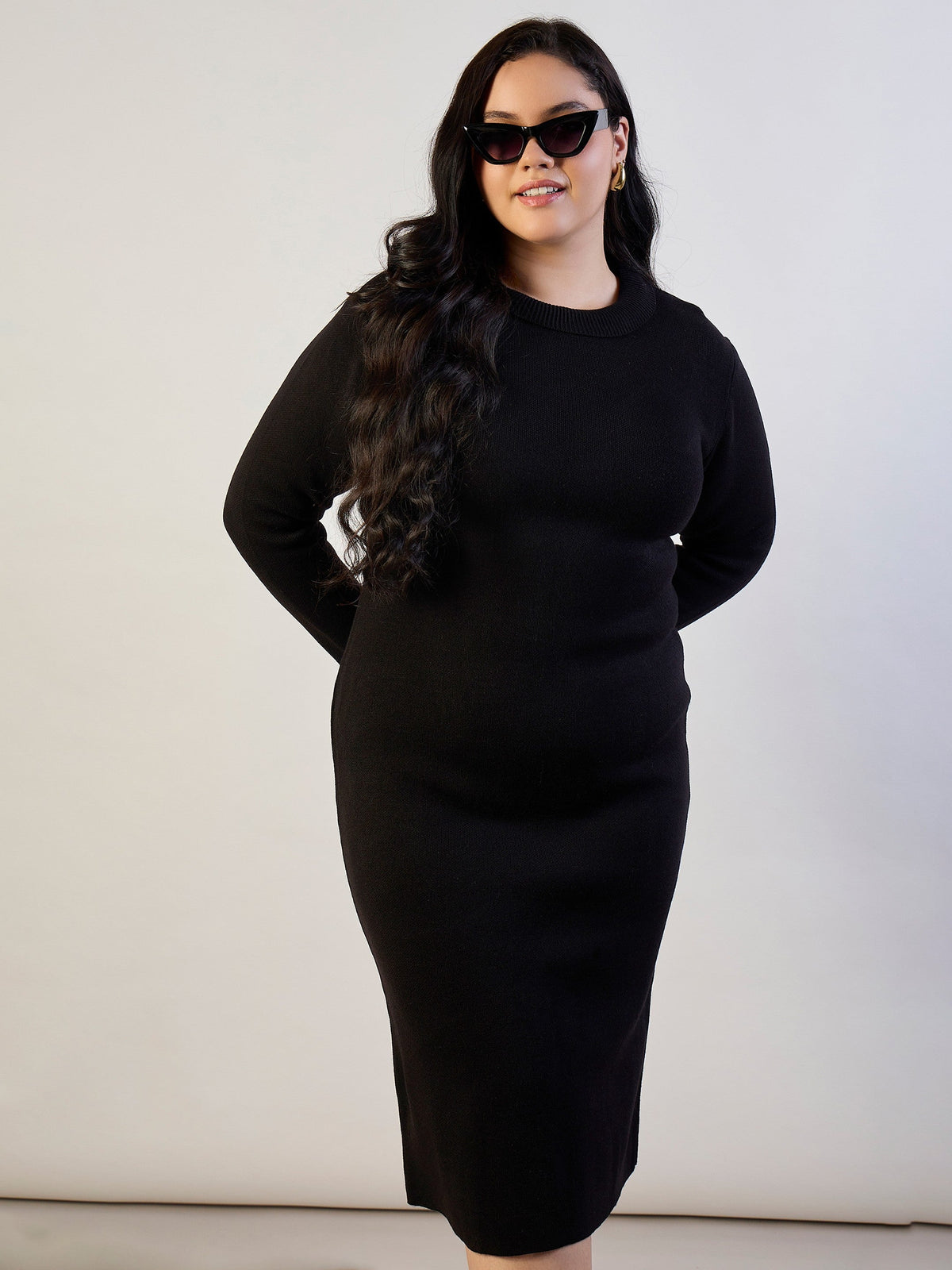 Black Solid Acrylic Wool High Neck Midi Dress-SASSAFRAS CURVE