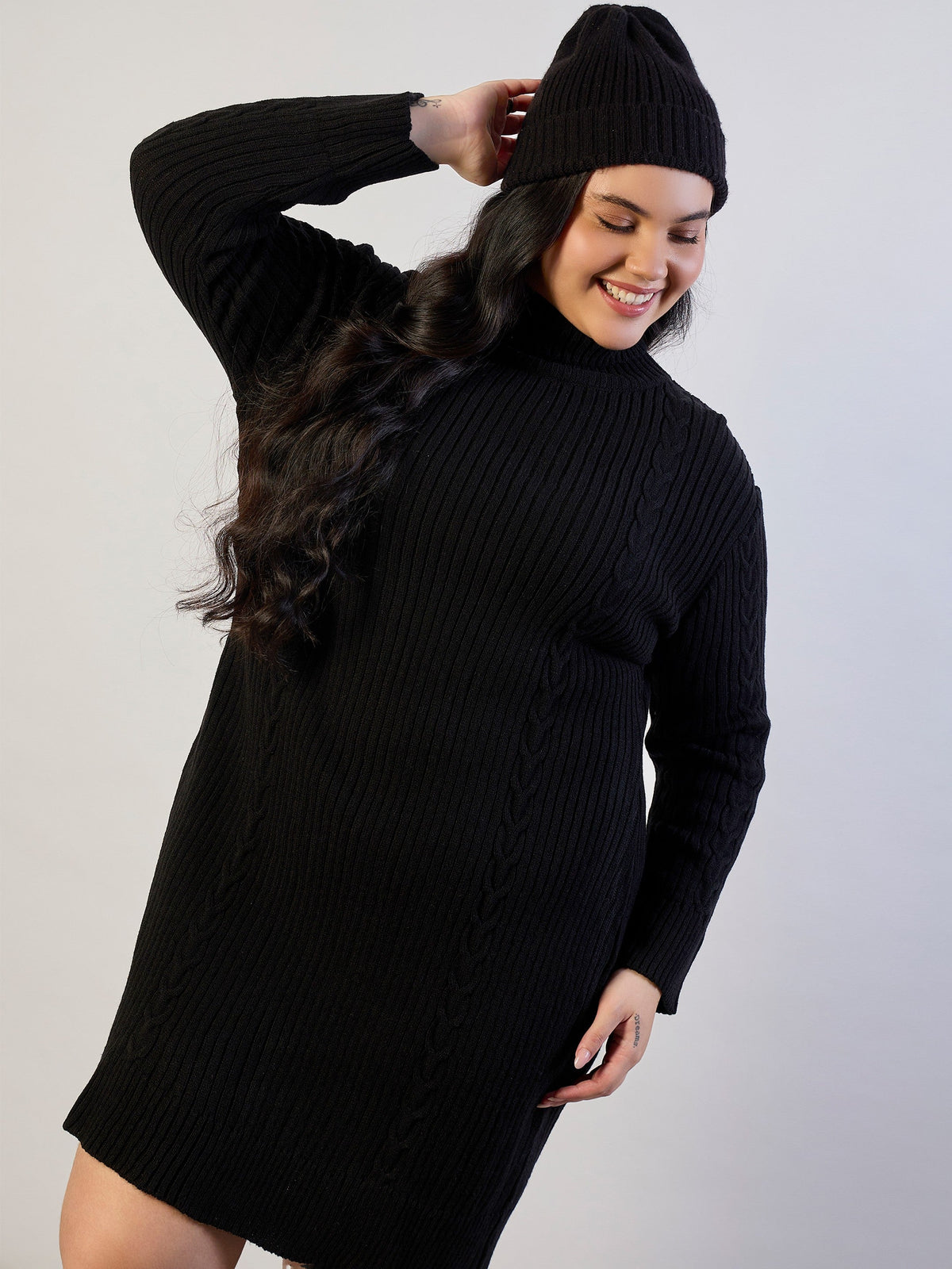 Black Acrylic Wool High Neck Short Dress-SASSAFRAS CURVE