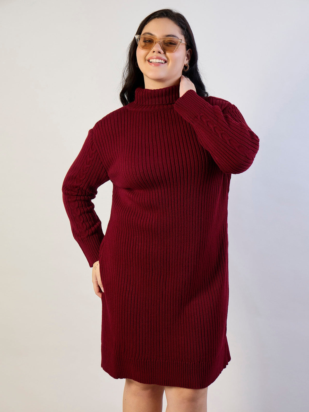 Maroon Acrylic Wool High Neck Short Dress-SASSAFRAS CURVE