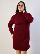 Maroon Acrylic Wool High Neck Short Dress-SASSAFRAS CURVE