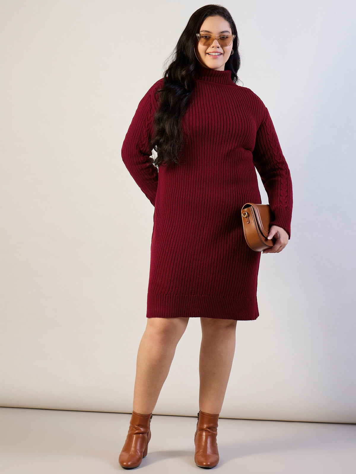 Maroon Acrylic Wool High Neck Short Dress-SASSAFRAS CURVE