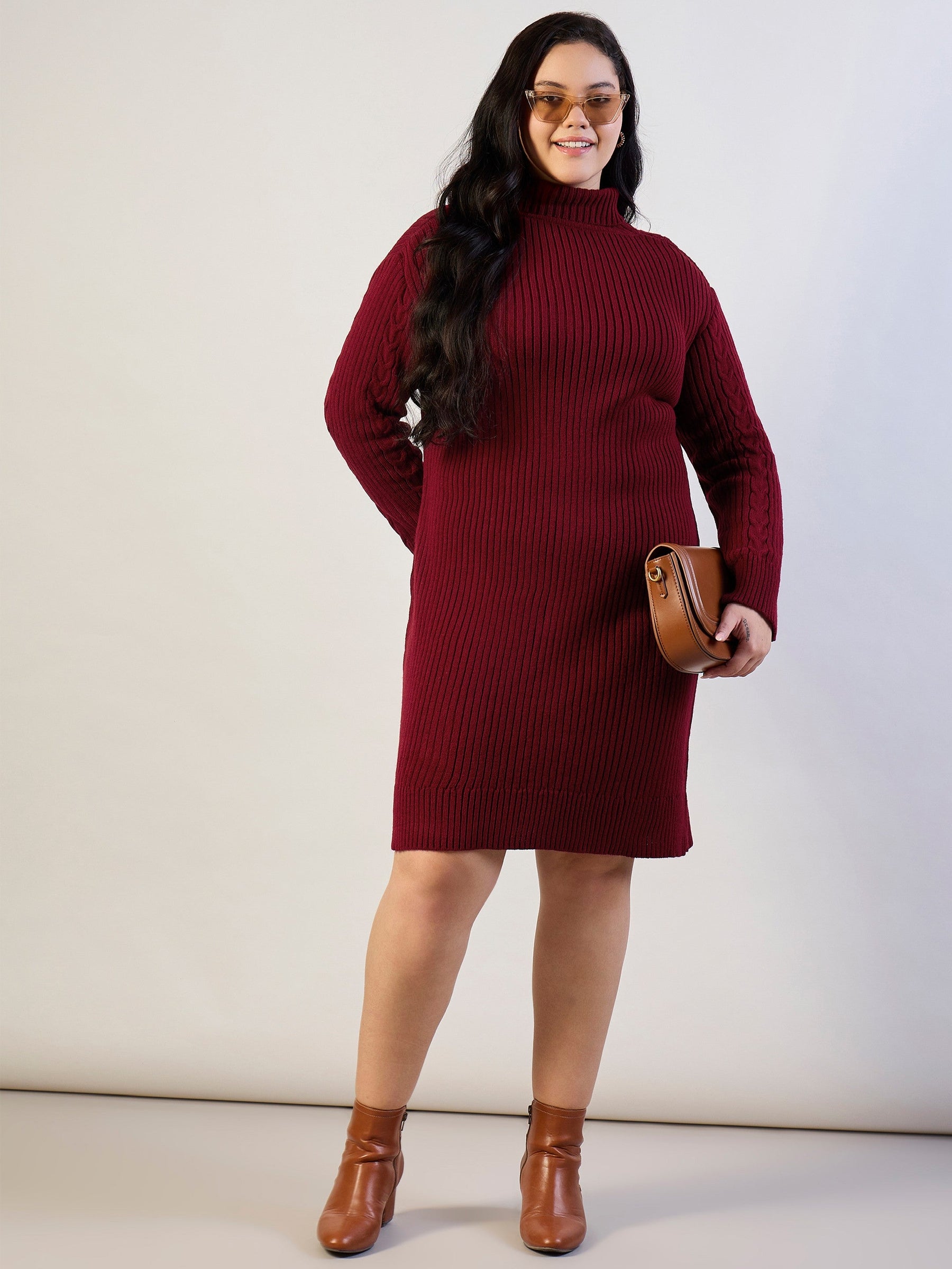 Maroon Acrylic Wool High Neck Short Dress-SASSAFRAS CURVE