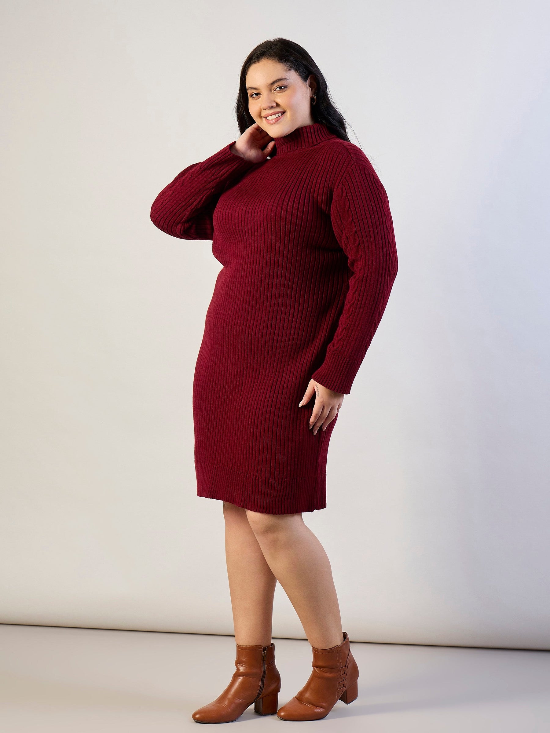 Maroon Acrylic Wool High Neck Short Dress-SASSAFRAS CURVE