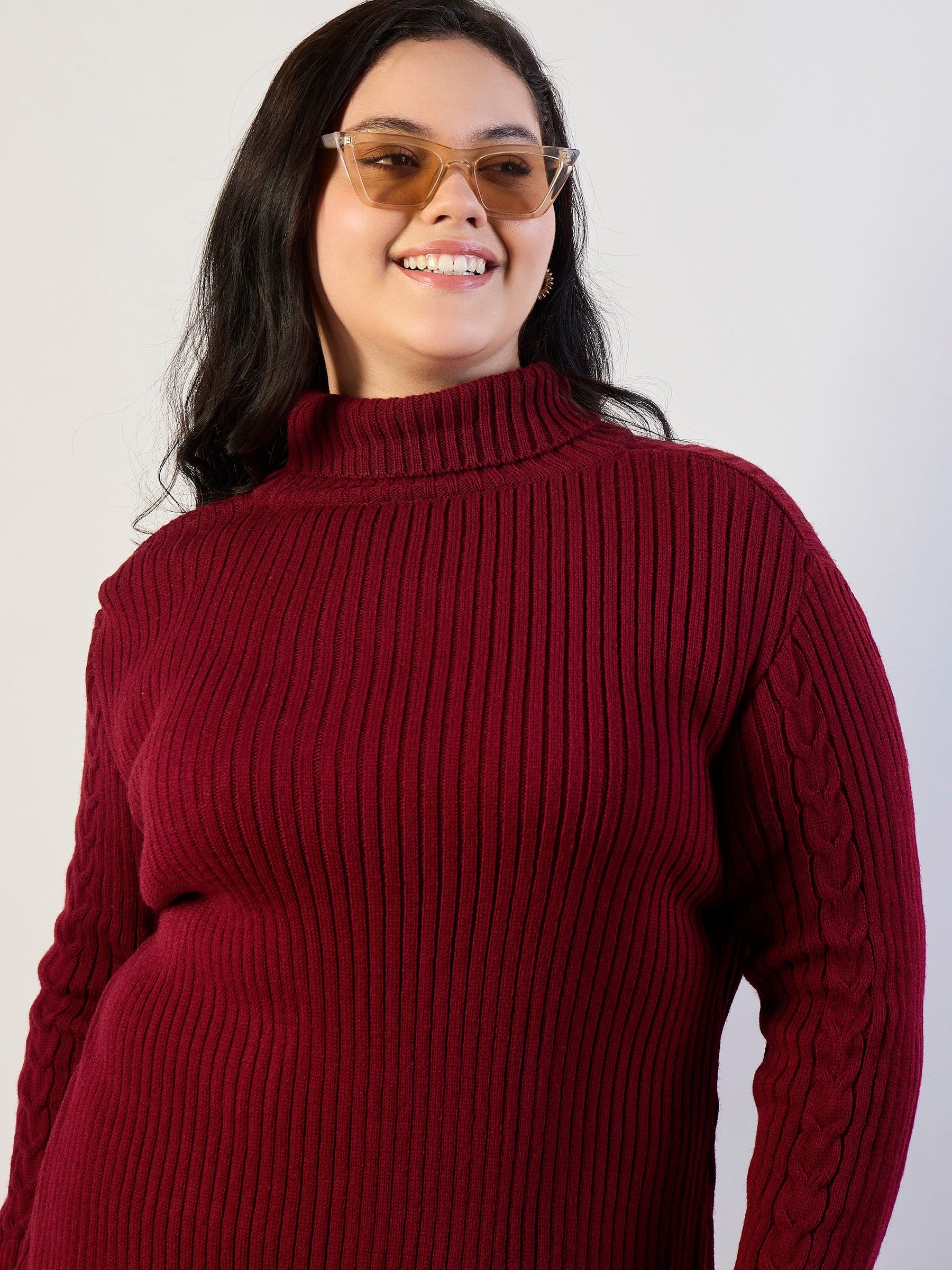 Maroon Acrylic Wool High Neck Short Dress-SASSAFRAS CURVE