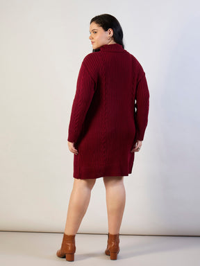 Maroon Acrylic Wool High Neck Short Dress-SASSAFRAS CURVE