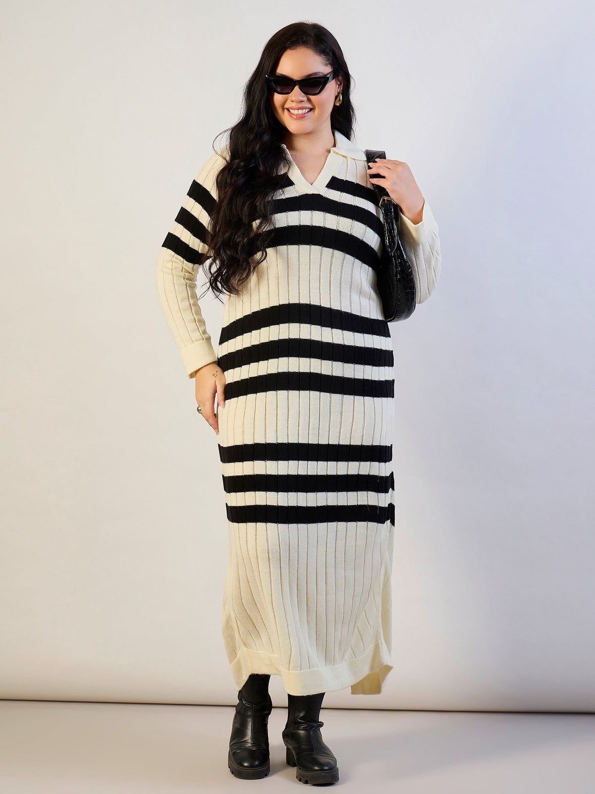 Black & White Striped Acrylic Wool Collar Midi Dress-SASSAFRAS CURVE