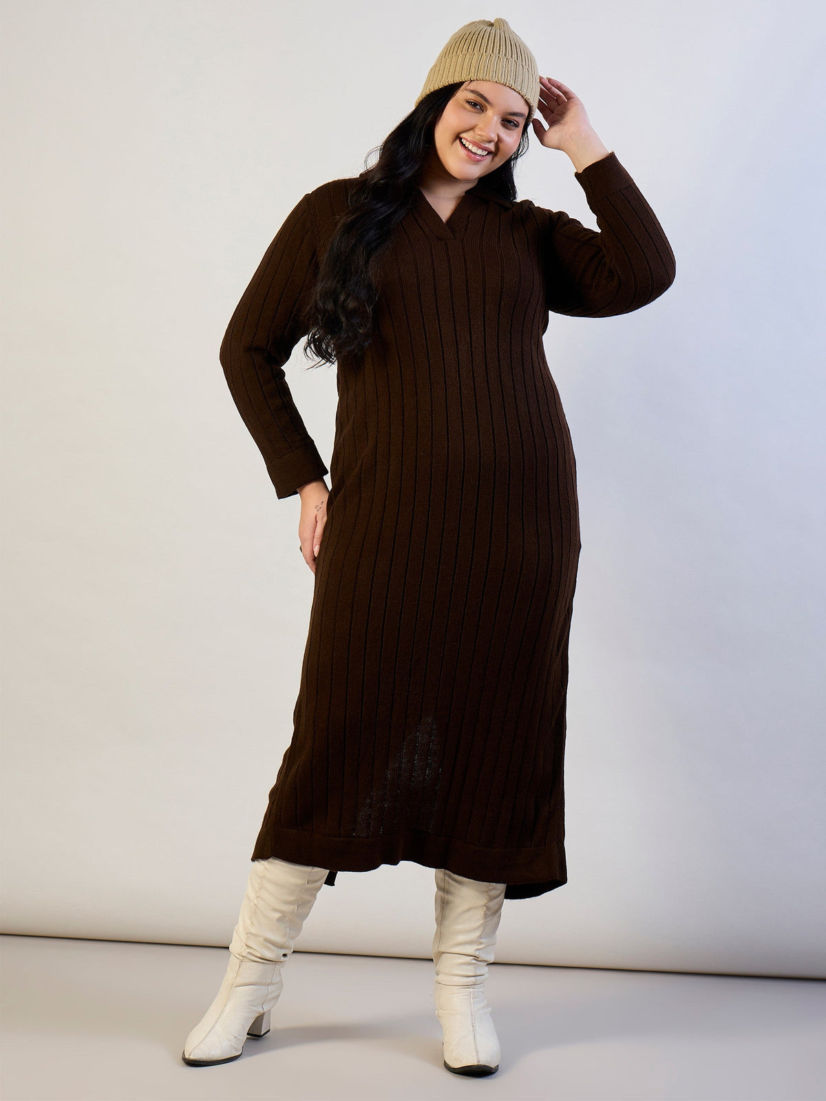 Brown Solid Acrylic Wool Collar Midi Dress-SASSAFRAS CURVE