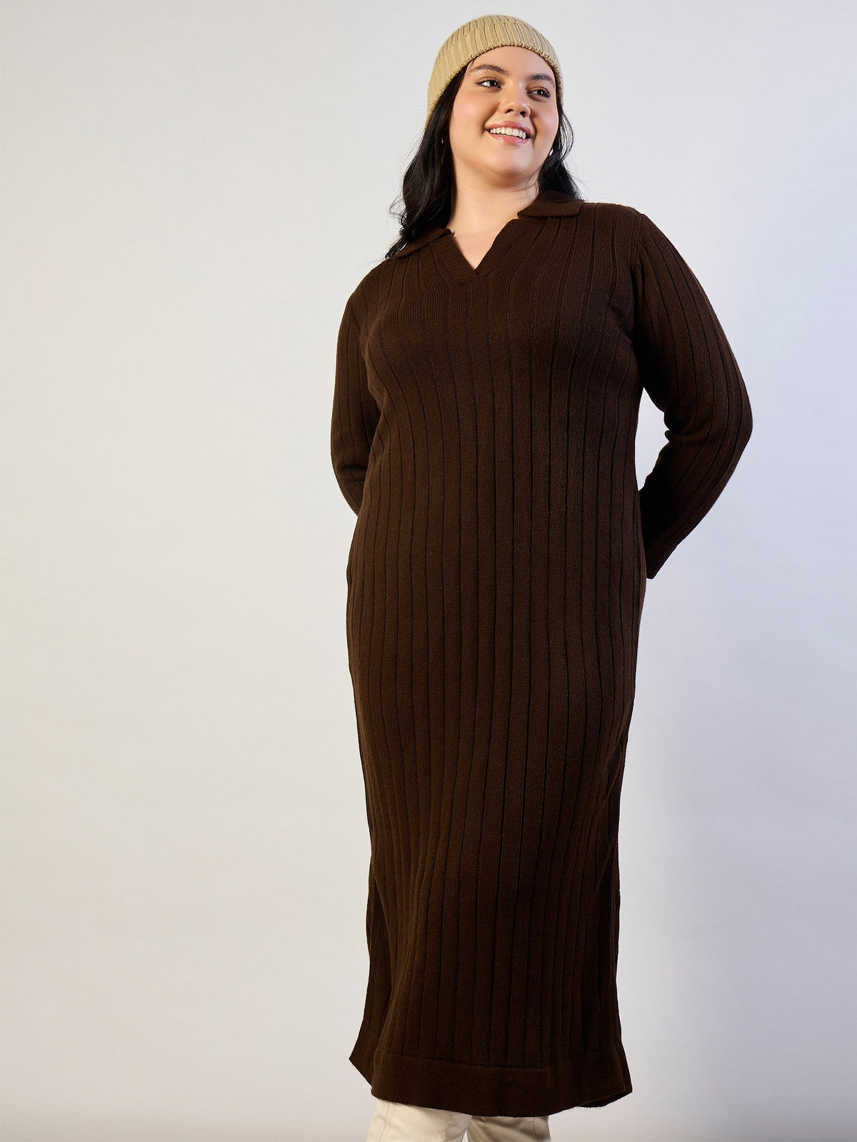 Brown Solid Acrylic Wool Collar Midi Dress-SASSAFRAS CURVE