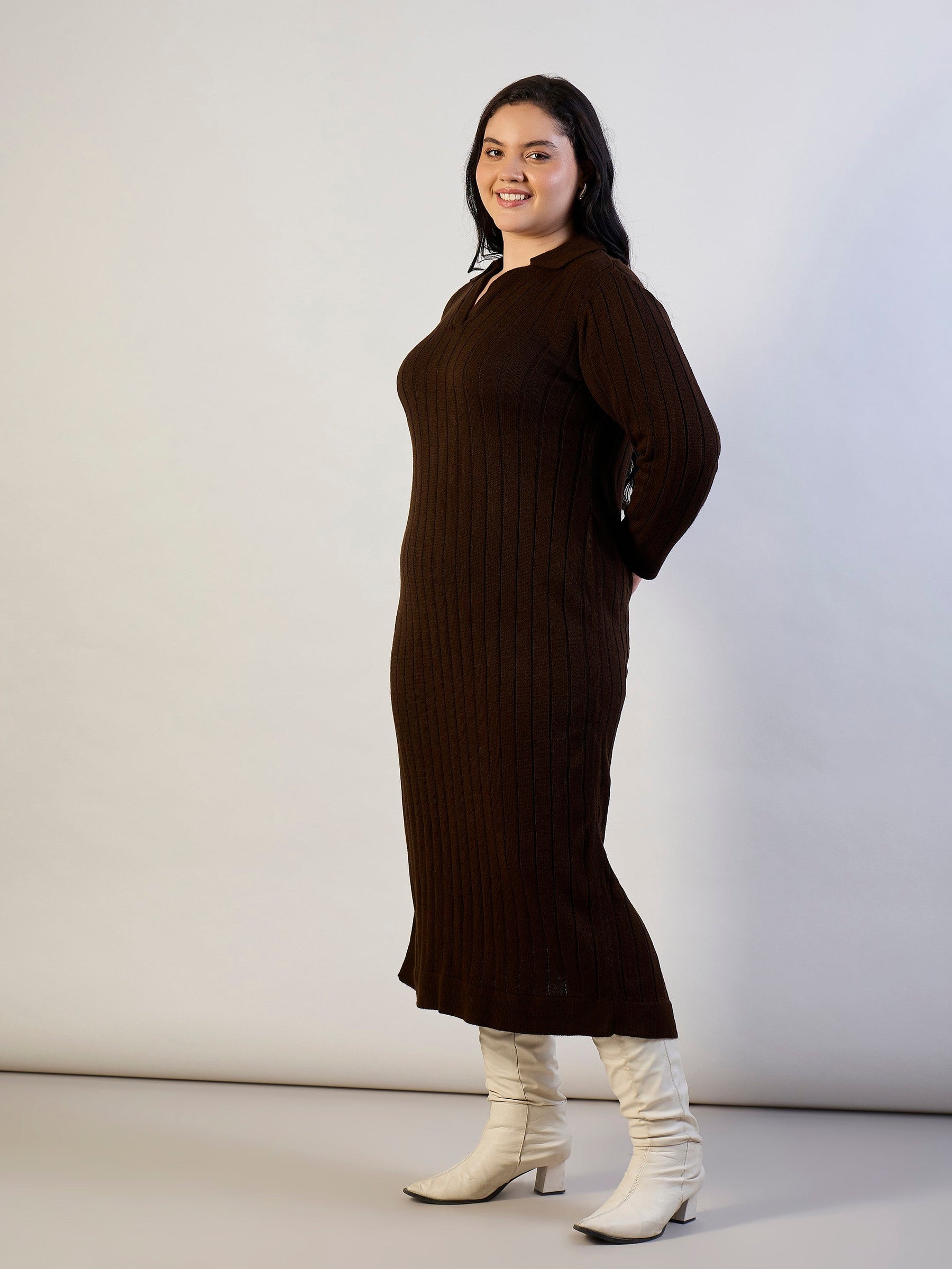 Brown Solid Acrylic Wool Collar Midi Dress-SASSAFRAS CURVE