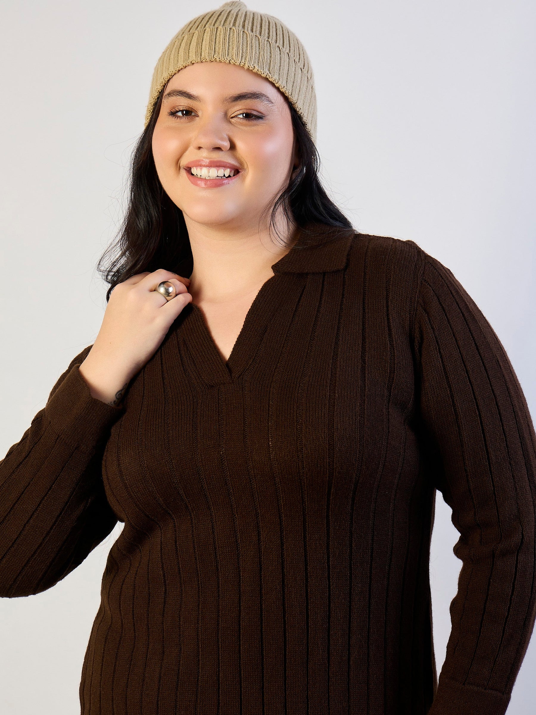 Brown Solid Acrylic Wool Collar Midi Dress-SASSAFRAS CURVE