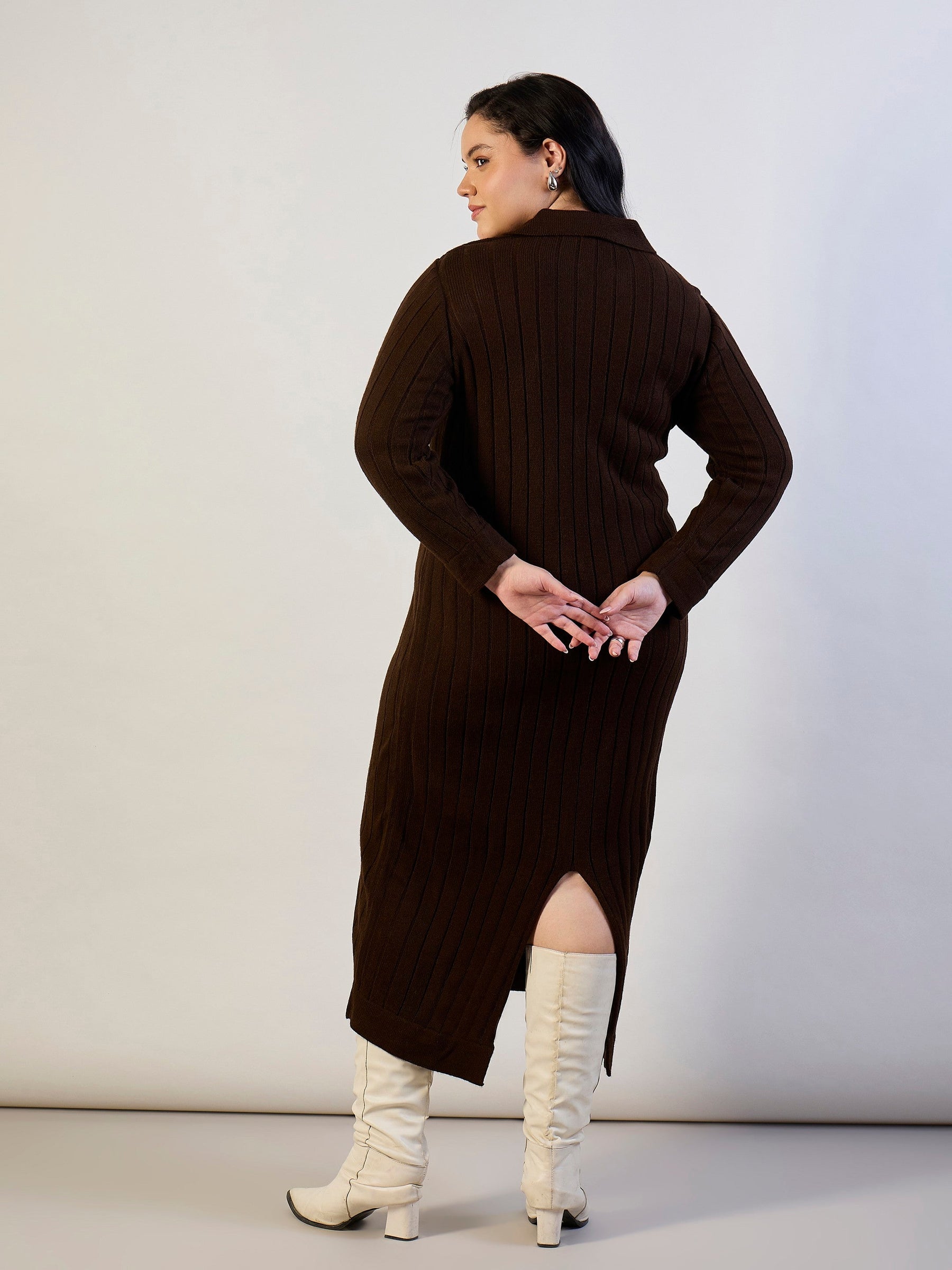 Brown Solid Acrylic Wool Collar Midi Dress-SASSAFRAS CURVE