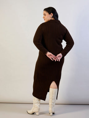 Brown Solid Acrylic Wool Collar Midi Dress-SASSAFRAS CURVE