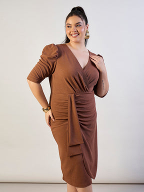 Brown Glitter Front Ruched Dress-SASSAFRAS CURVE