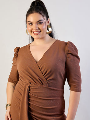 Brown Glitter Front Ruched Dress-SASSAFRAS CURVE