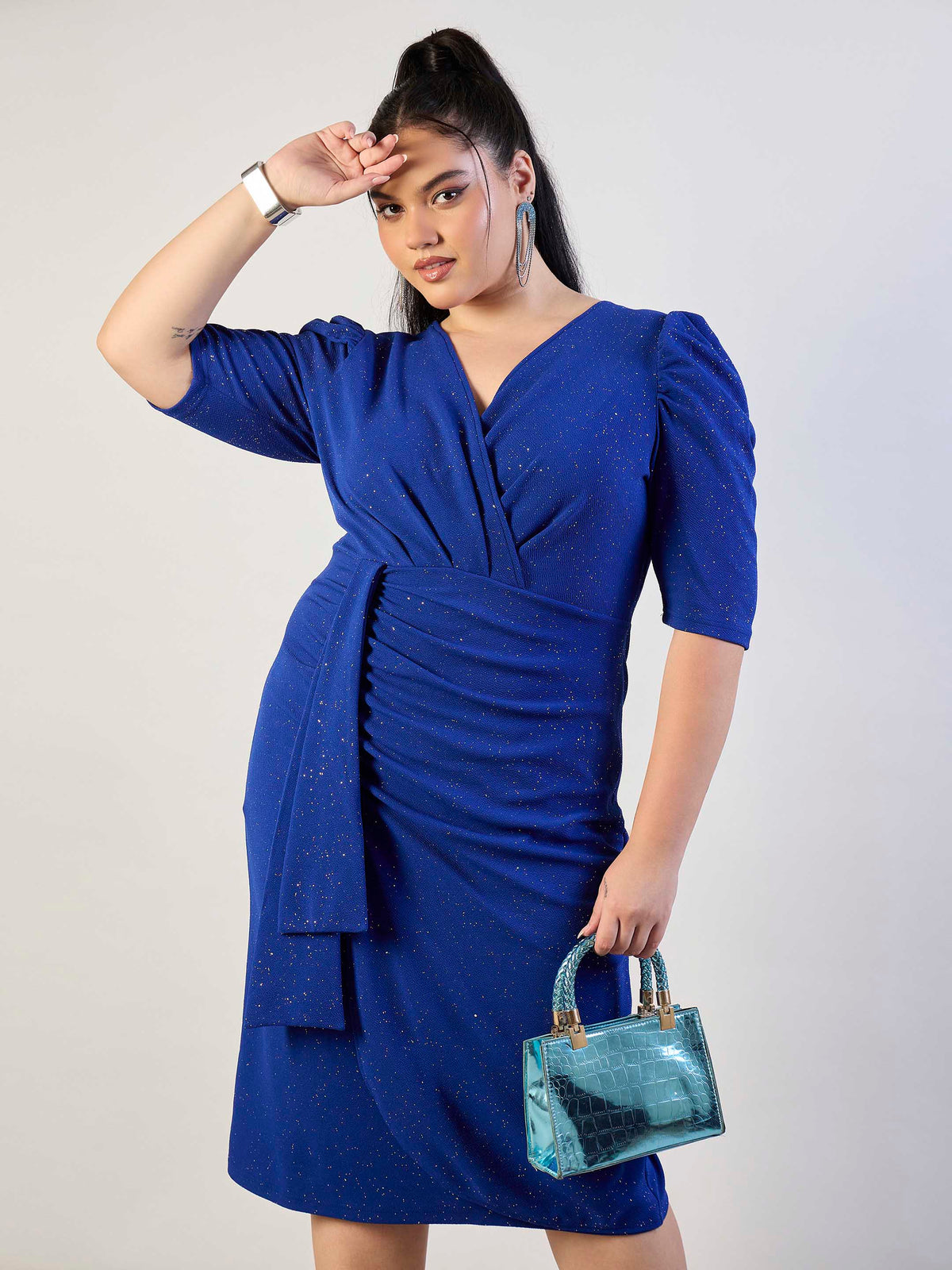 Royal Blue Glitter Front Ruched Dress-SASSAFRAS CURVE