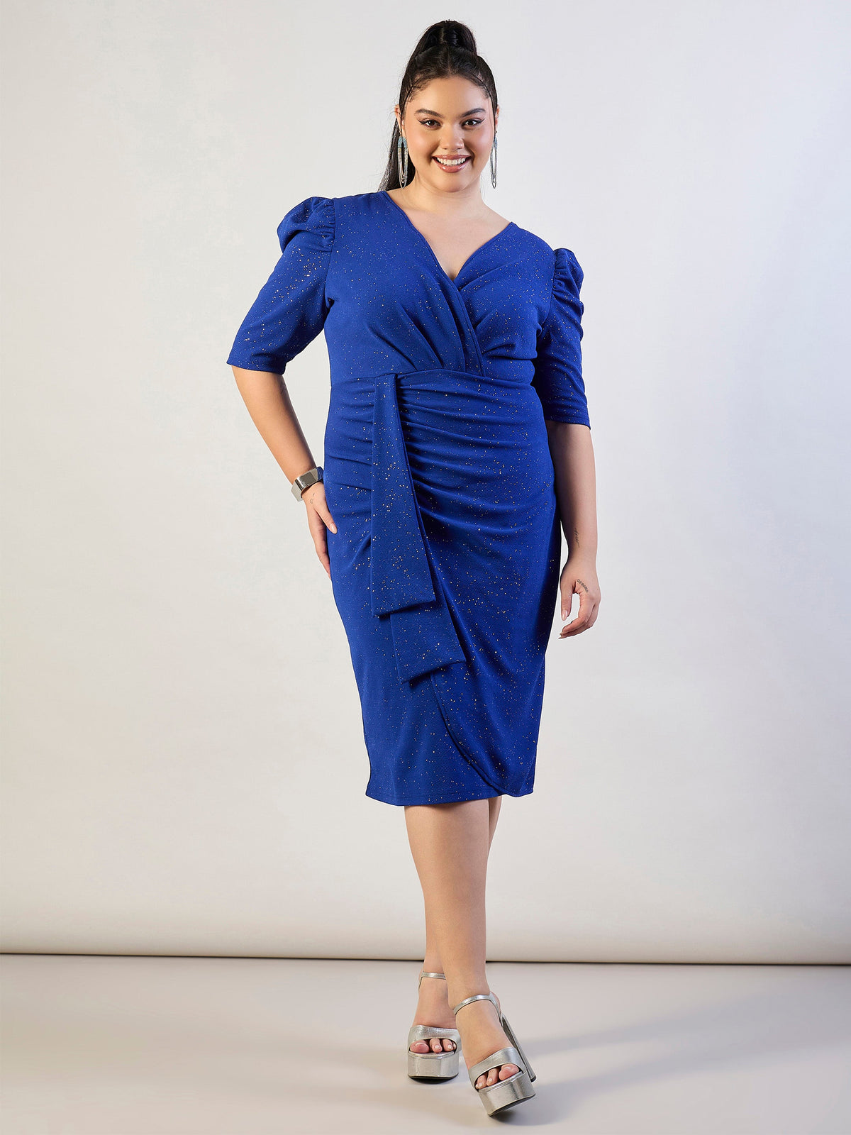 Royal Blue Glitter Front Ruched Dress-SASSAFRAS CURVE