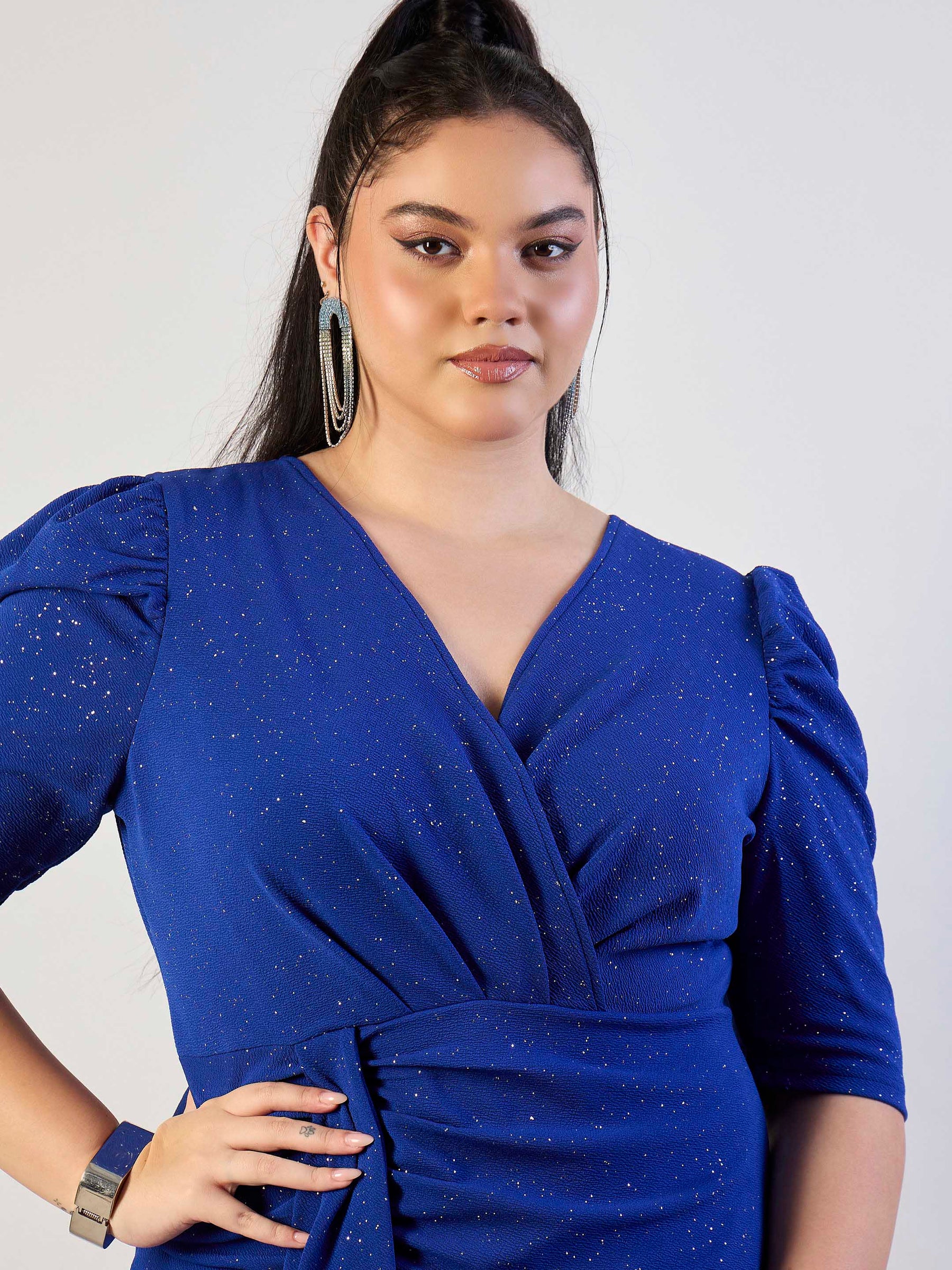 Royal Blue Glitter Front Ruched Dress-SASSAFRAS CURVE