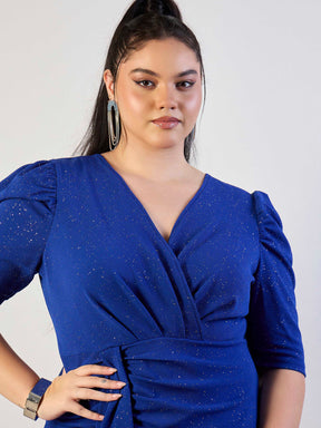 Royal Blue Glitter Front Ruched Dress-SASSAFRAS CURVE