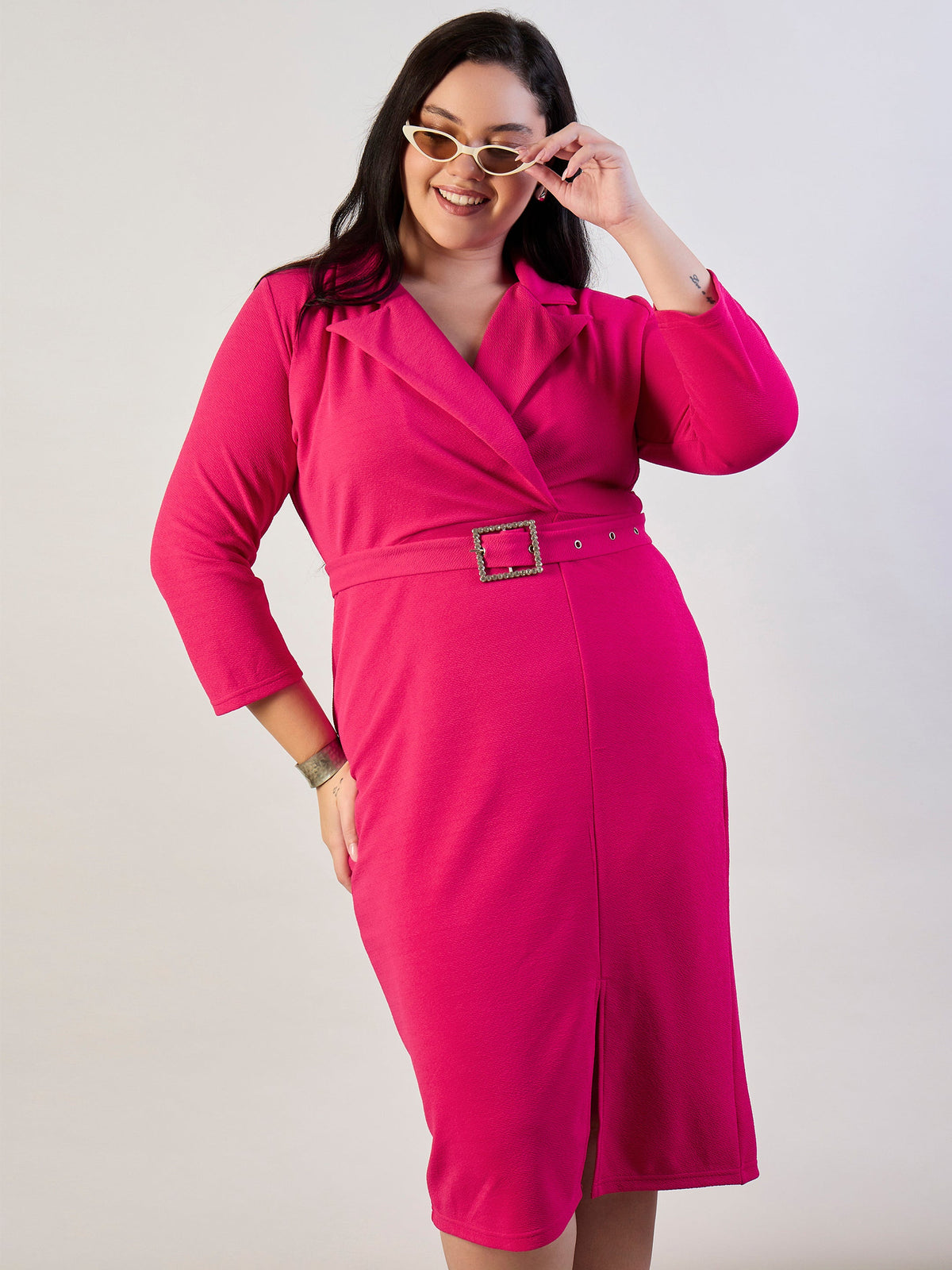 Fuchsia Notch Collar Belted Bodycon Dress-SASSAFRAS CURVE