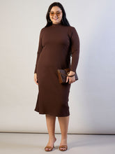 Brown Rib Bodycon Side Slit Midi Dress-SASSAFRAS CURVE
