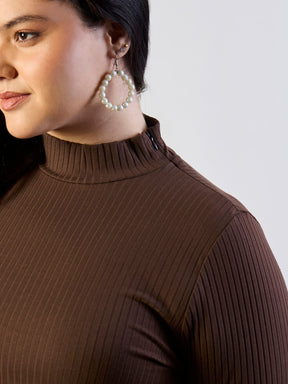 Brown Rib Bodycon Side Slit Midi Dress-SASSAFRAS CURVE