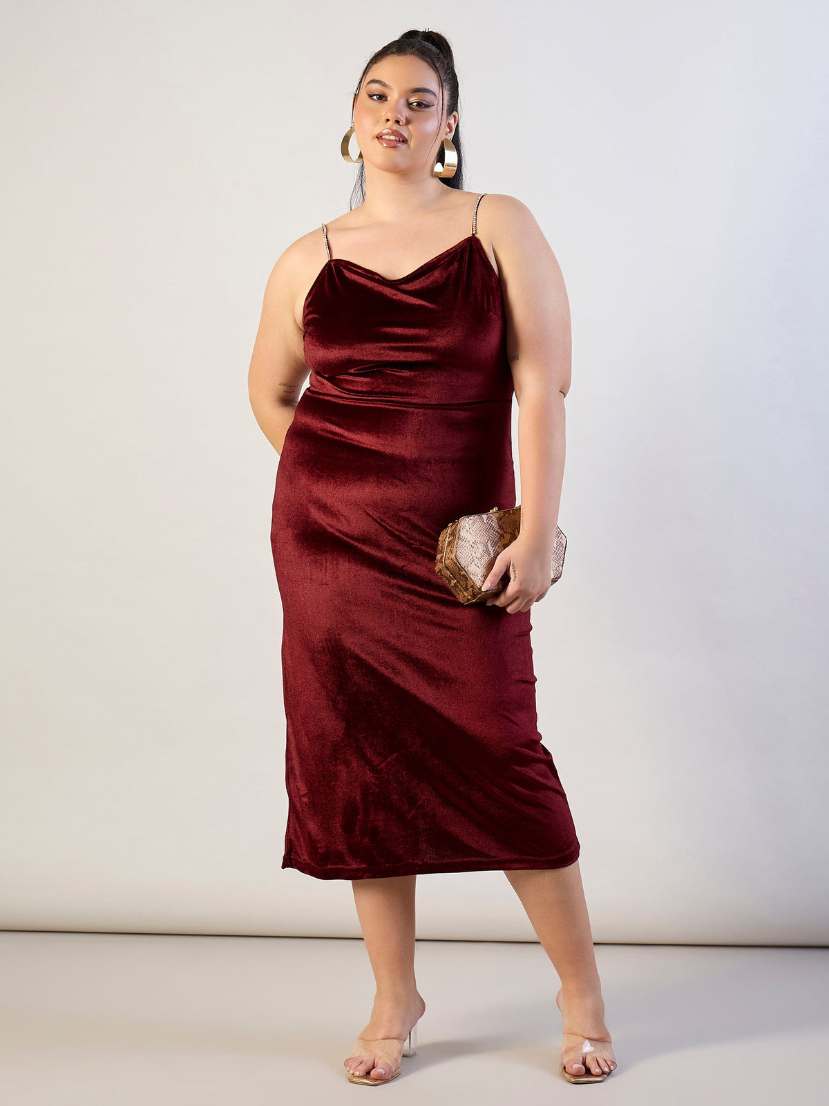 Maroon Velvet Bodycon Dress-SASSAFRAS CURVE