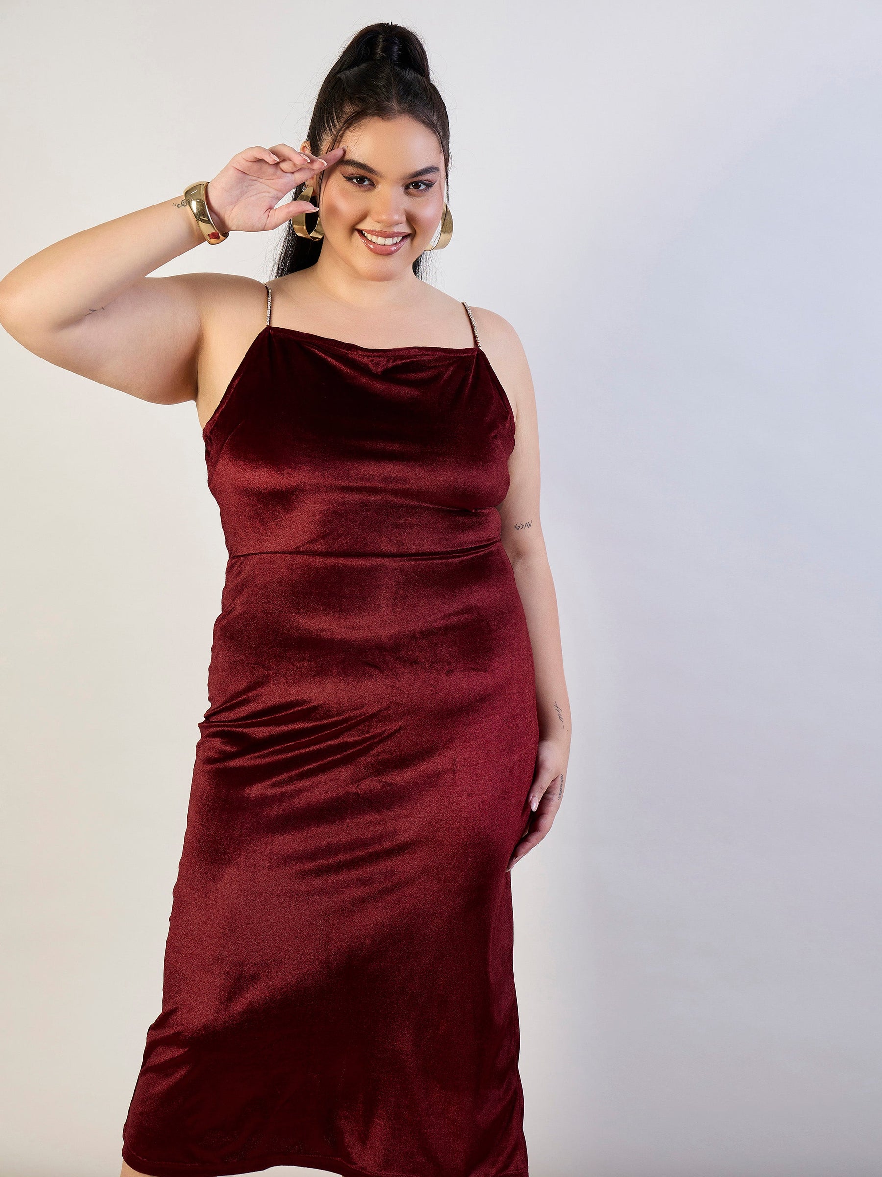 Maroon Velvet Bodycon Dress-SASSAFRAS CURVE