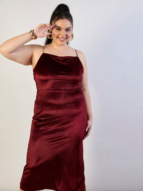 Maroon Velvet Bodycon Dress-SASSAFRAS CURVE