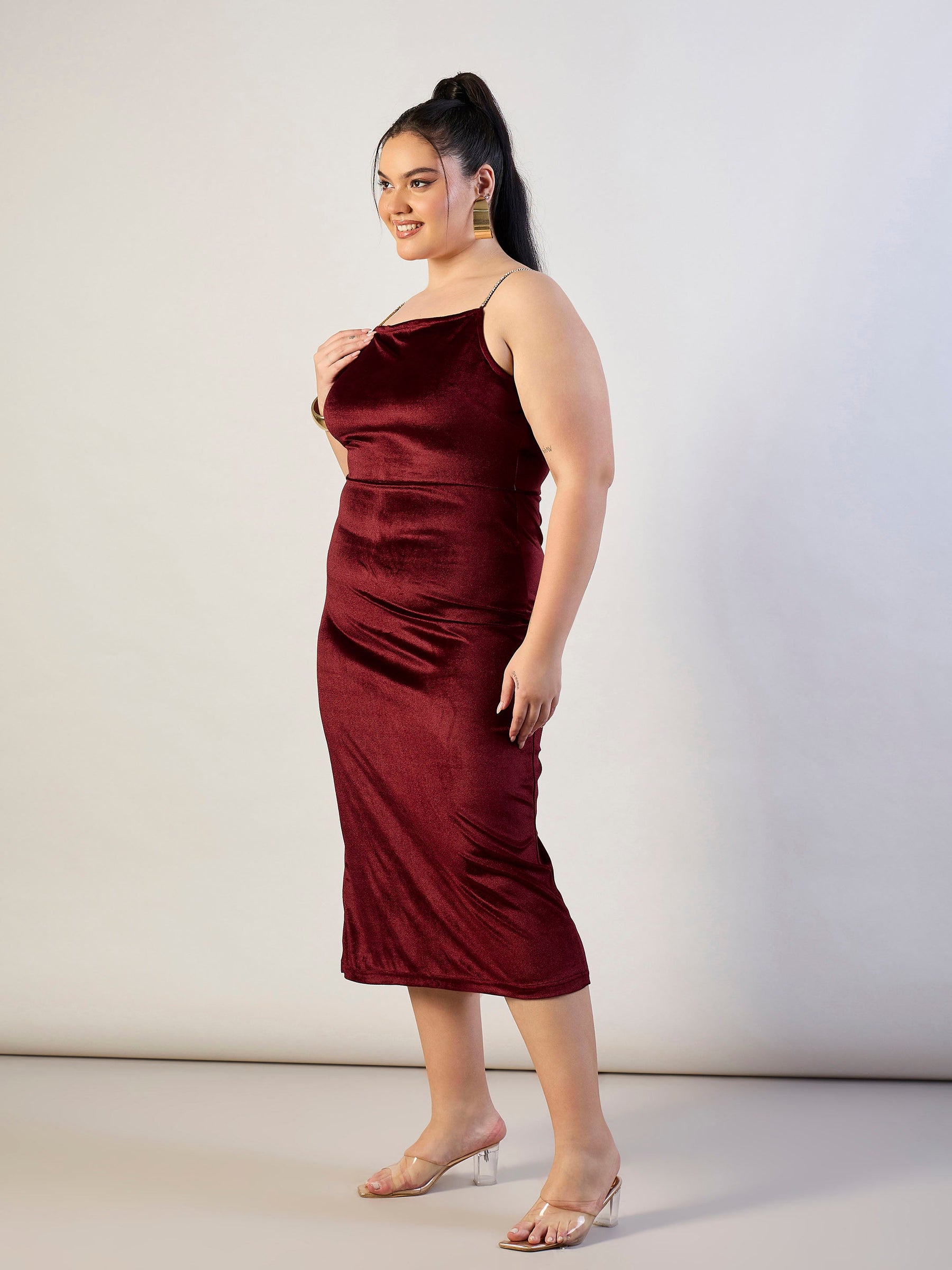 Maroon Velvet Bodycon Dress-SASSAFRAS CURVE