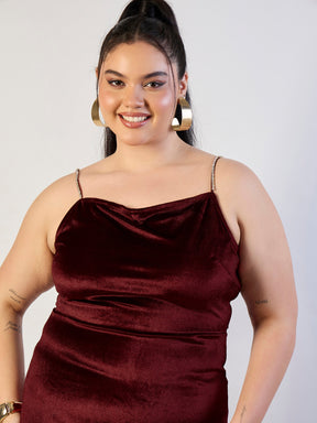 Maroon Velvet Bodycon Dress-SASSAFRAS CURVE