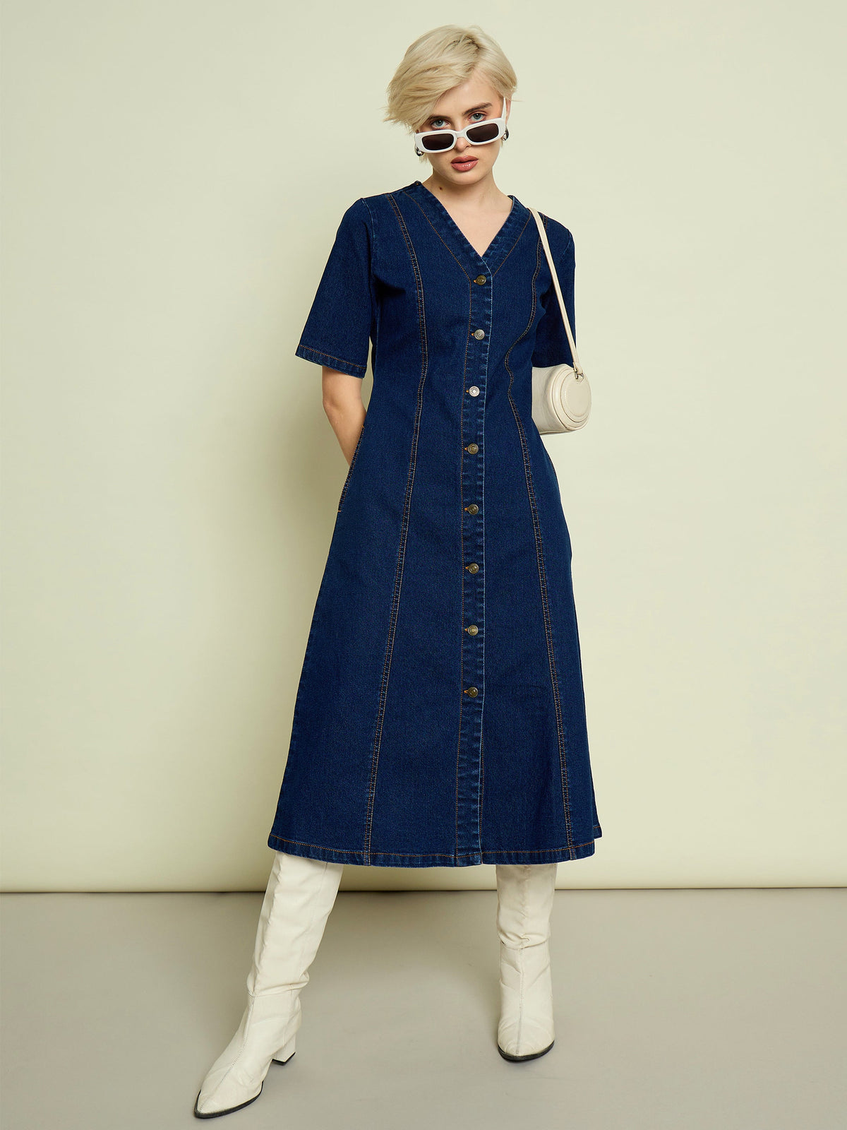 Navy Blue Denim V Neck Midi Dress-SASSAFRAS