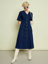 Navy Blue Denim V Neck Midi Dress-SASSAFRAS